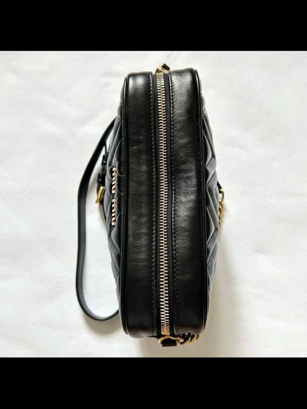 Miu Miu Black Quilted Camera Bag with Gold Chain Accent
